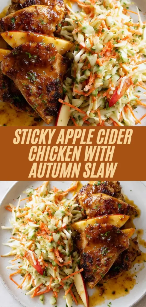 Glossy sticky apple cider chicken thighs beside vibrant autumn slaw with apple slices
