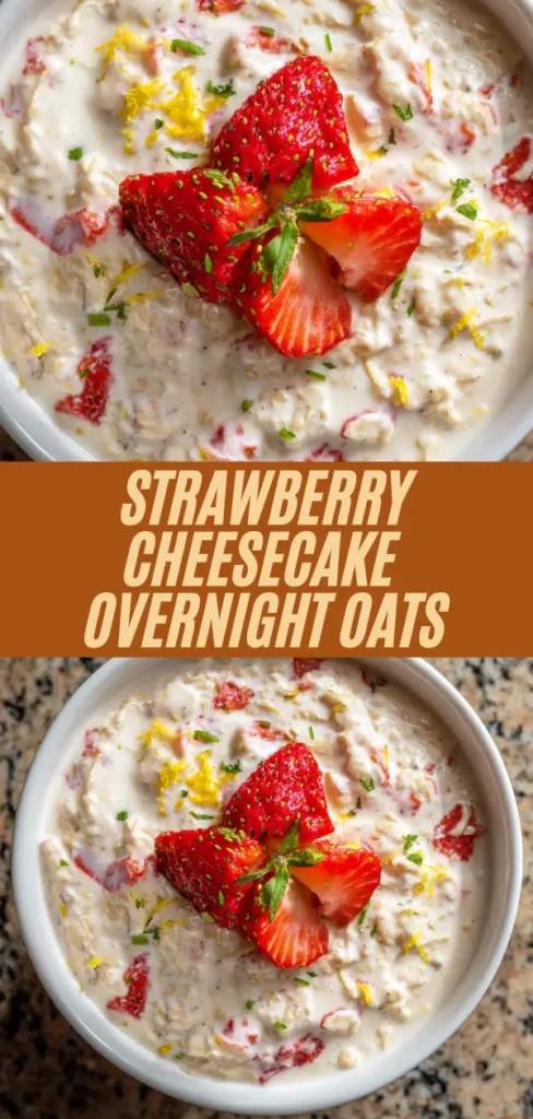 Vertical strawberry cheesecake overnight oats recipe with creamy yogurt oats, fresh strawberries, lemon zest in white bowls