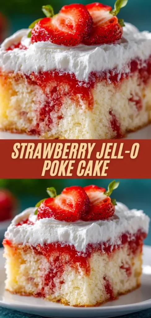 Strawberry Jell-O poke cake recipe collage showing close-up slice of moist white cake with red gelatin swirls, whipped topping, and fresh strawberry garnish