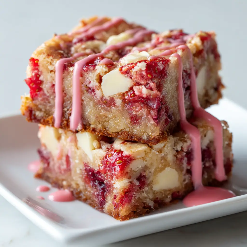 Stacked strawberry white chocolate blondies glazed with pink strawberry icing on a plate