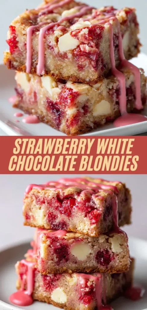 Tall stack of strawberry white chocolate blondies with pink glaze drizzle on white plate