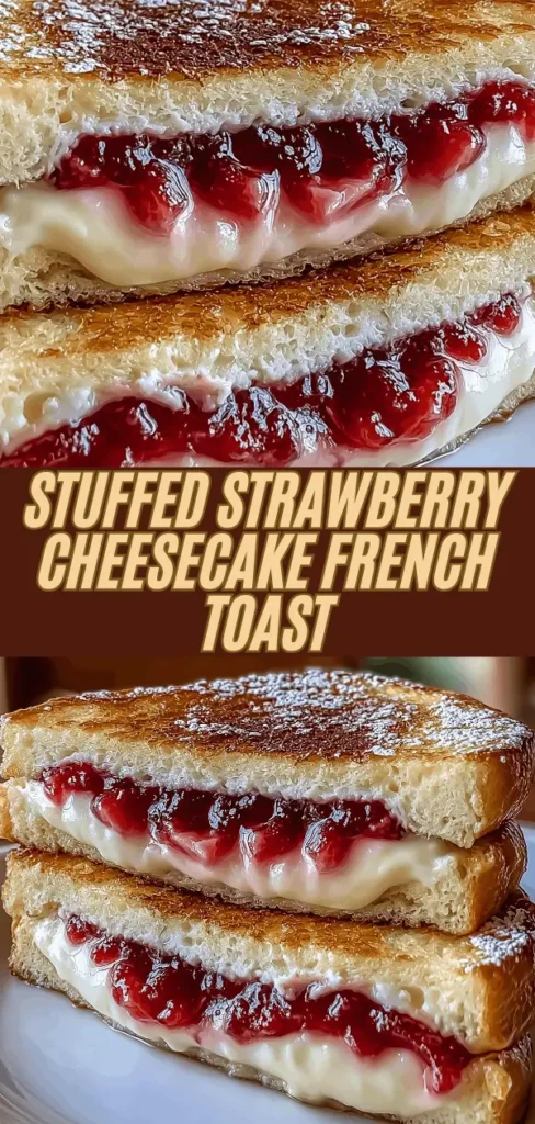 Vertical collage of stuffed strawberry cheesecake French toast showing stacked slices with strawberry filling and cheese, close-up plated stack dusted with powdered sugar.