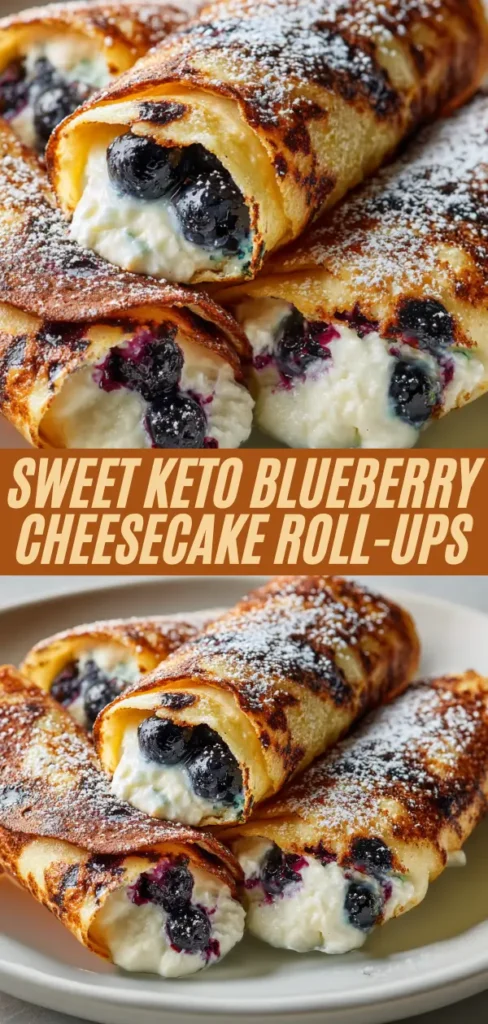 powdered sugar dusted keto blueberry cheesecake roll-ups stacked on plate, oozing cream cheese filling with berries, overlaid title text