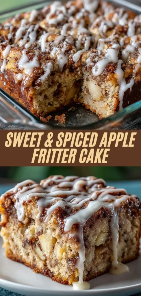 Vertical pin showcasing sweet & spiced apple fritter cake pan slice, plated serving with glaze, overlaid text "Sweet & Spiced Apple Fritter Cake" highlighting apple cinnamon details
