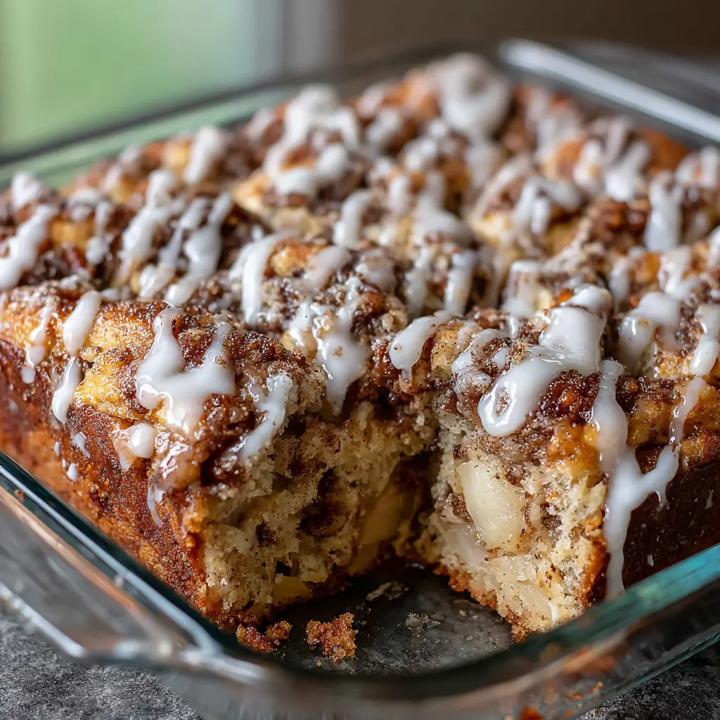 Square pan of sweet spiced apple fritter cake cut into portions, visible apple chunks and cinnamon filling, thick vanilla glaze coating, one slice removed showing moist texture