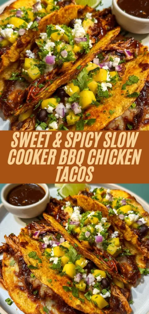 Crispy sweet spicy slow cooker BBQ chicken tacos topped with mango salsa, cotija cheese, red onions, cilantro, and lime wedges.