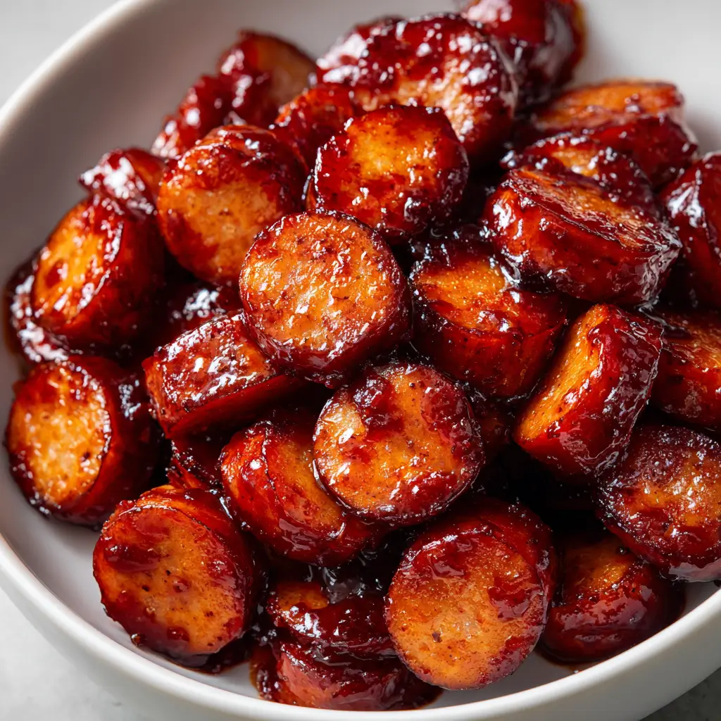 Overhead sweet tangy BBQ smoked sausage bites in glossy sauce piled bowl ready for toothpicks