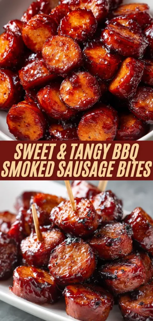 Sweet tangy BBQ smoked sausage bites with toothpicks in glossy sauce bowl and plate views