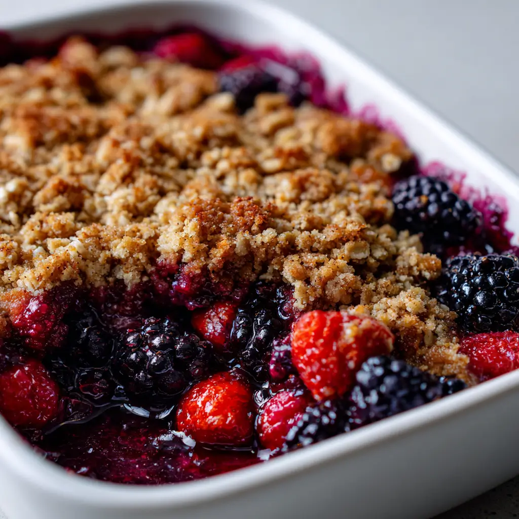 Overhead shot of bubbling triple berry crisp in white baking dish with strawberries, raspberries, blackberries under crunchy golden oat topping, rich red juices pooling