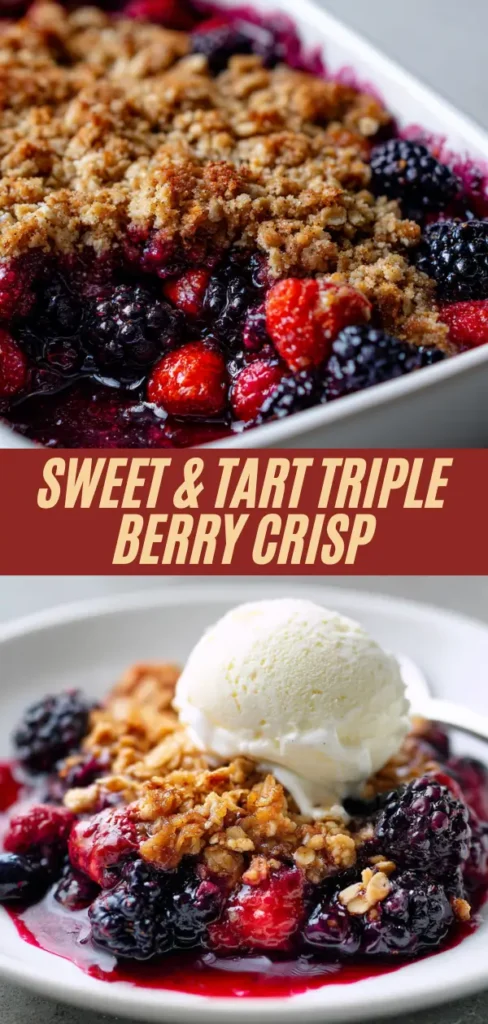 Vertical Pinterest-style pin of triple berry crisp in dish and plated with ice cream, overlaid bold text "Sweet & Tart Triple Berry Crisp" showcasing juicy berries and crumble