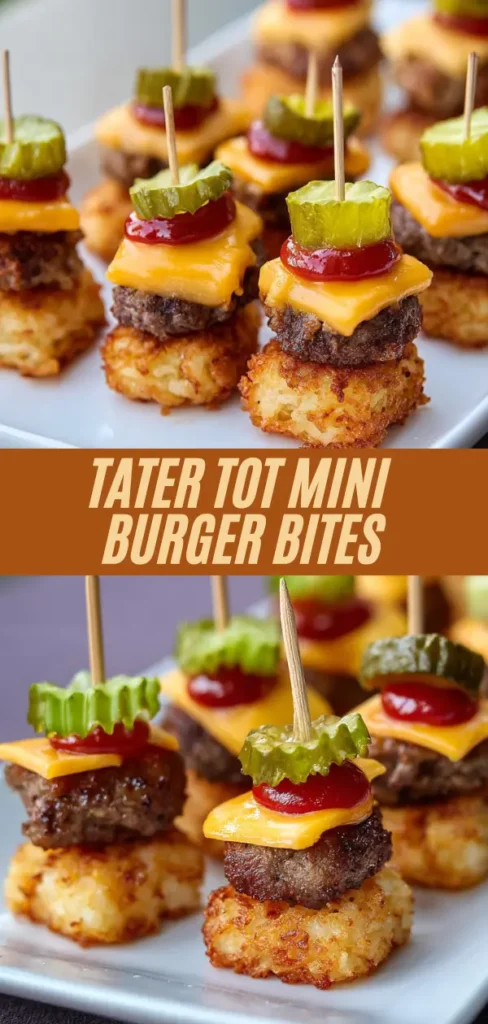 Golden tater tot mini burger bites on toothpicks with beef patties, cheddar cheese, ketchup, and pickle slices arranged on white plate