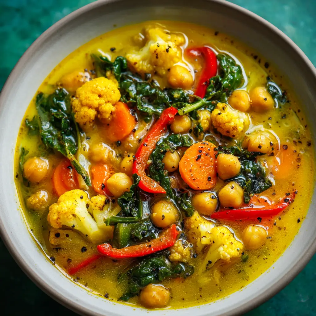 Turmeric chickpea vegetable soup in white bowl with golden broth, chickpeas, cauliflower, kale, carrots, red peppers, and black pepper garnish