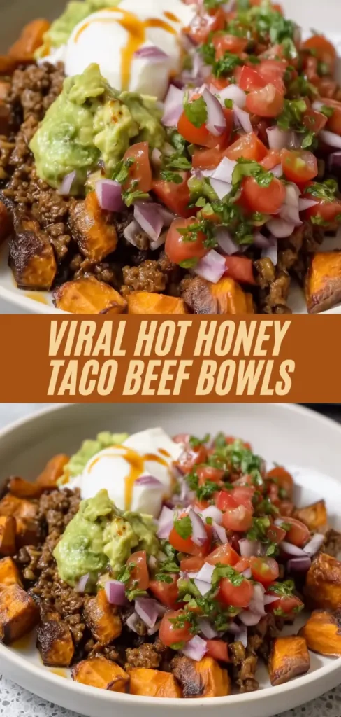 Hot honey taco beef bowl with sweet potatoes, pico de gallo, guacamole, and sour cream