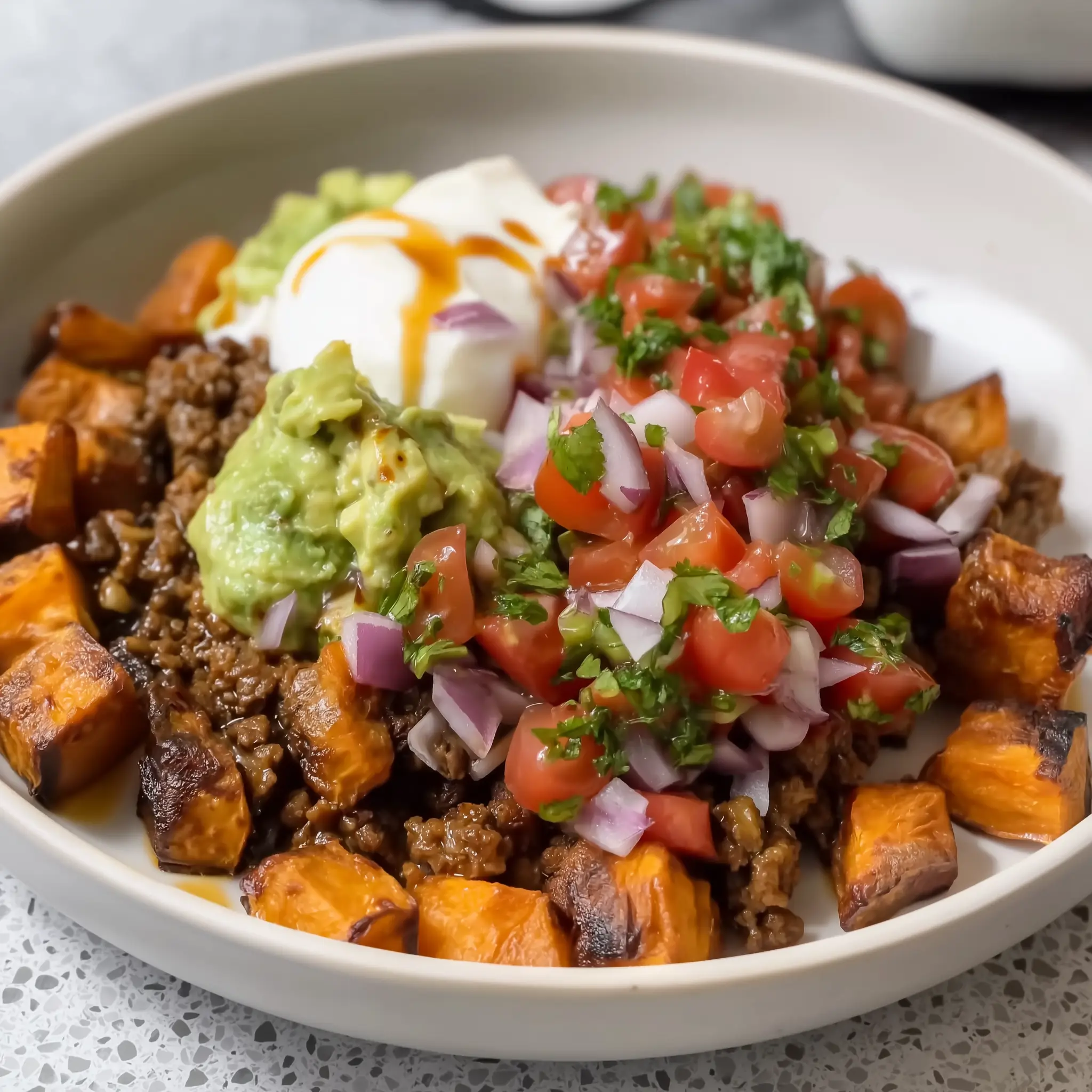 Hot honey taco beef bowl with sweet potatoes, guacamole, sour cream, and pico de gallo