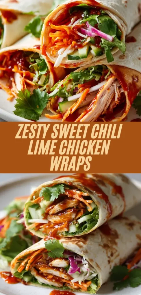 zesty sweet chili lime chicken wraps overflowing with slaw, carrots, cucumber, cilantro, overlaid title text.