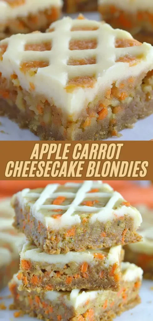 Apple carrot cheesecake blondies stacked and topped with a thick cream cheese layer and decorative crosshatch glaze pattern, packed with shredded carrots and apple pieces throughout