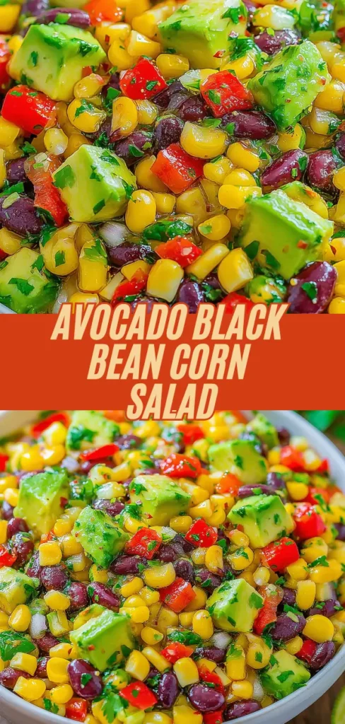 A colorful avocado black bean corn salad with chunks of avocado, red bell pepper, black beans, and corn, garnished with chopped herbs.