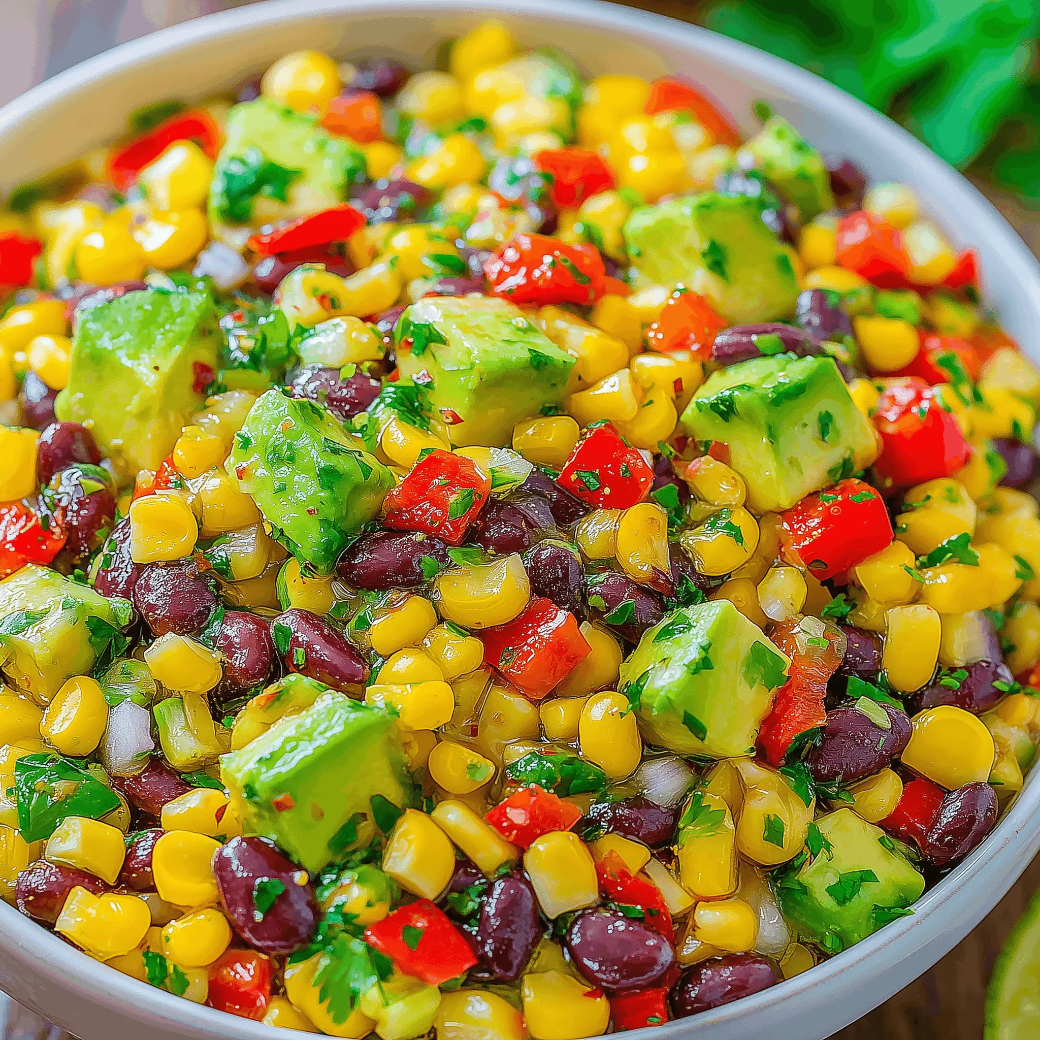 A vibrant salad featuring diced avocado, sweet corn, red bell peppers, black beans, and chopped cilantro.