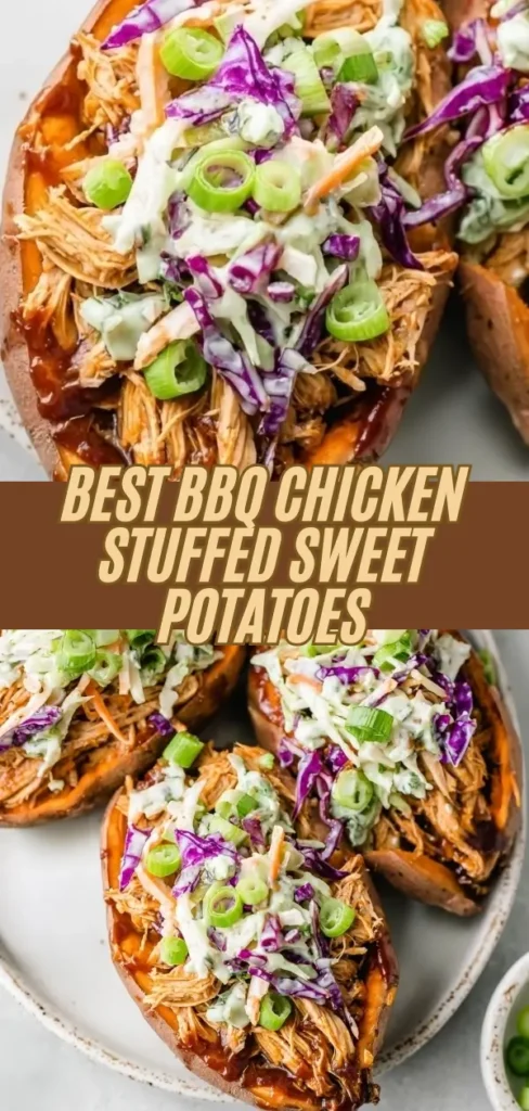BBQ chicken stuffed sweet potatoes topped with coleslaw and sliced green onions.