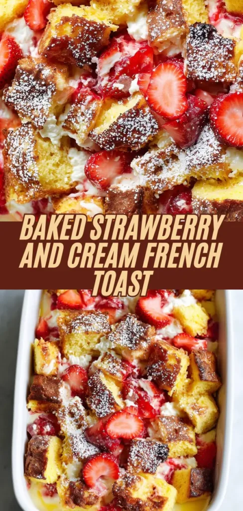 Close-up of baked strawberry and cream French toast topped with fresh strawberry slices, powdered sugar, and crispy golden-brown bread cubes.