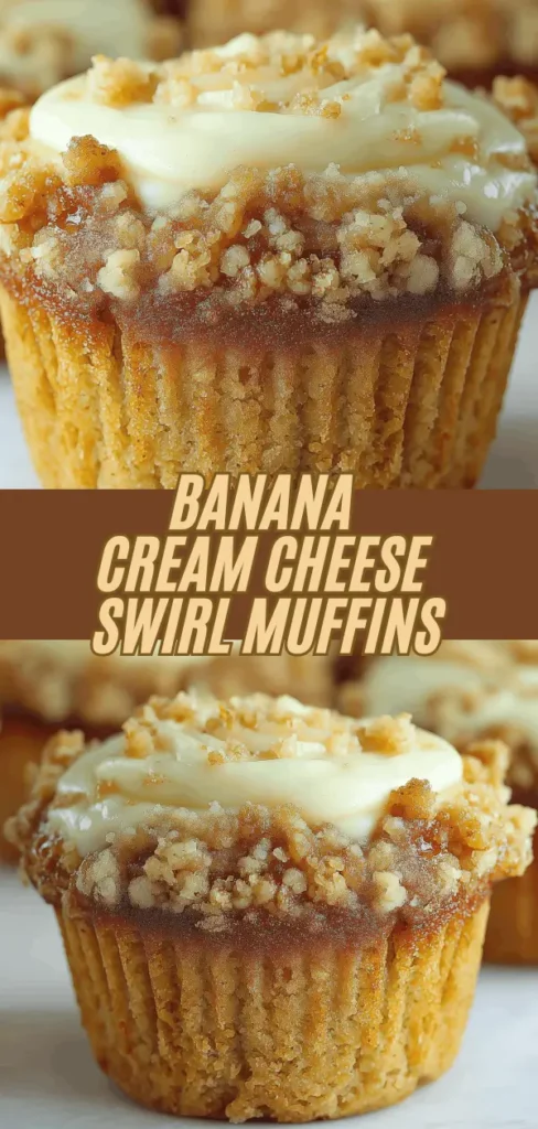 Close-up of a Banana Cream Cheese Swirl Muffin topped with a swirl of cream cheese frosting and sprinkled with crumbly streusel or cookie crumbs.