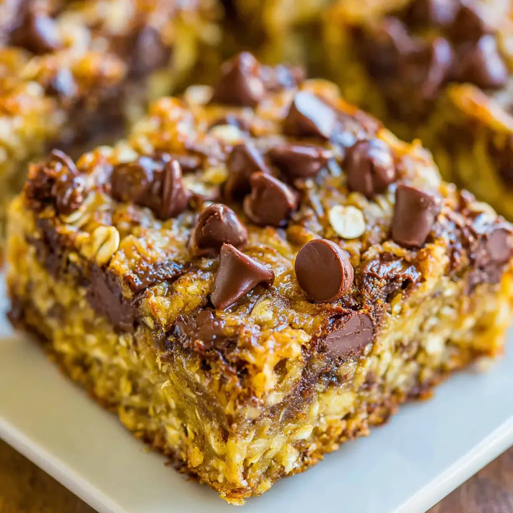 square piece of chocolate chip oatmeal bar with a crispy, golden-brown crust topped with melted chocolate chips.
