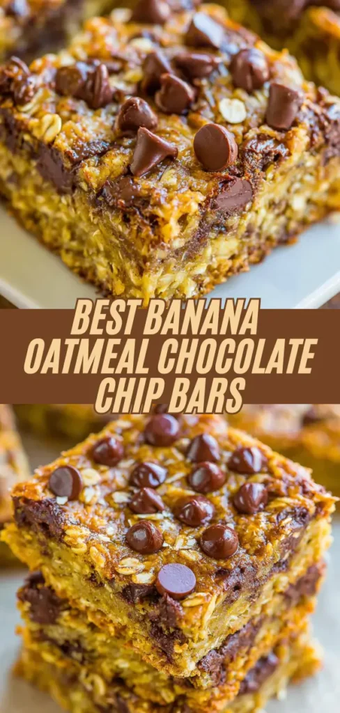 banana oatmeal chocolate chip bars topped with chocolate chips, showing a golden, crunchy texture with melted chocolate.