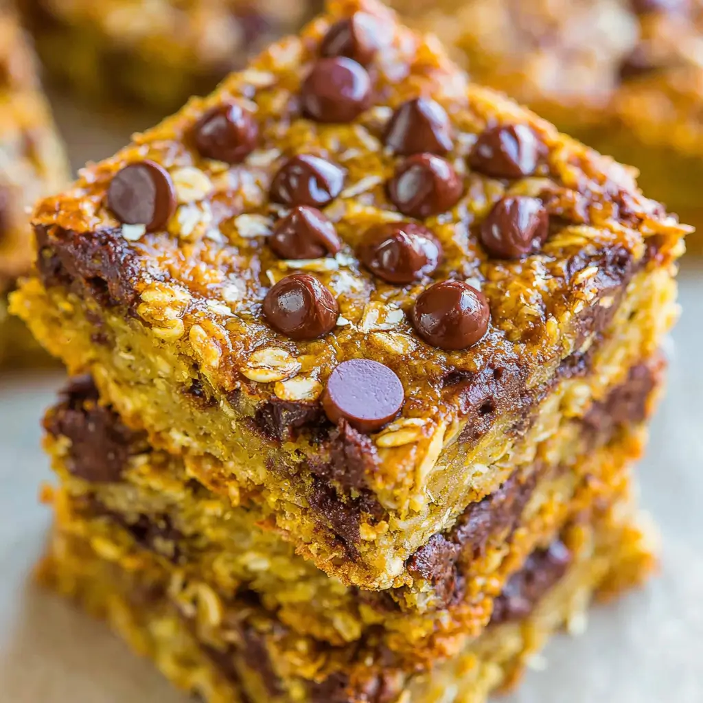Close-up of layered oatmeal bars with chocolate chips on top, showing a golden crust and a rich, chocolatey interior.