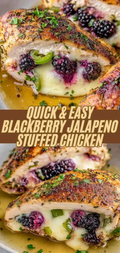 Stuffed chicken breast with blackberries, green peppers, and melted cheese, garnished with herbs and served with sauce.