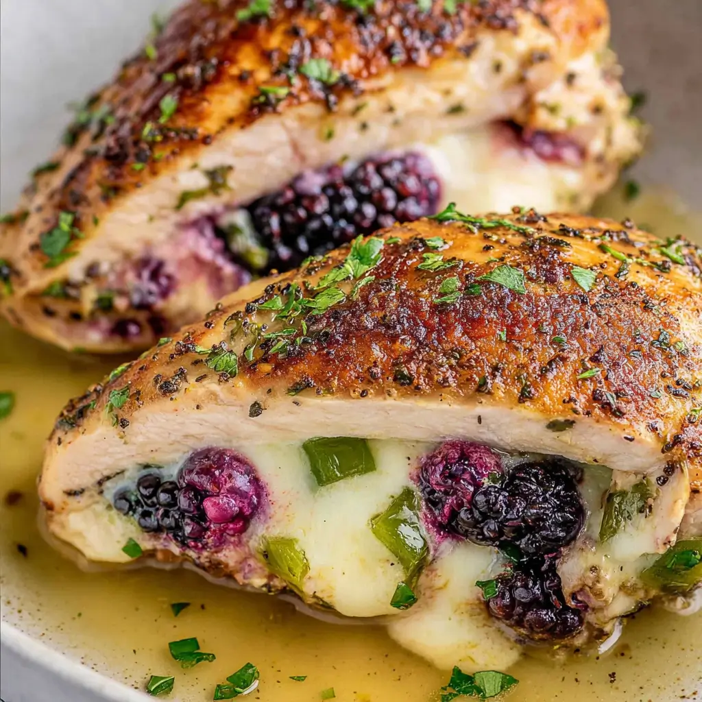Stuffed chicken breast with blackberries, herbs, and melted cheese, seasoned and garnished with herbs, served with a light sauce.