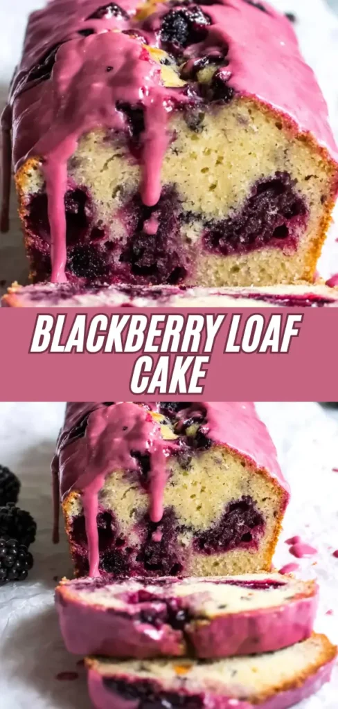 A close-up of a sliced blackberry loaf cake with a pinkberry glaze on top, showing the moist interior filled with blackberries. The cake has a vibrant pink glaze dripping over the sides, with fresh blackberries placed beside it.