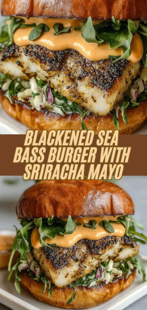 blackened sea bass burger with fresh greens, spicy sriracha mayo, and a toasted bun, showcasing the flavorful, crispy fish fillet.