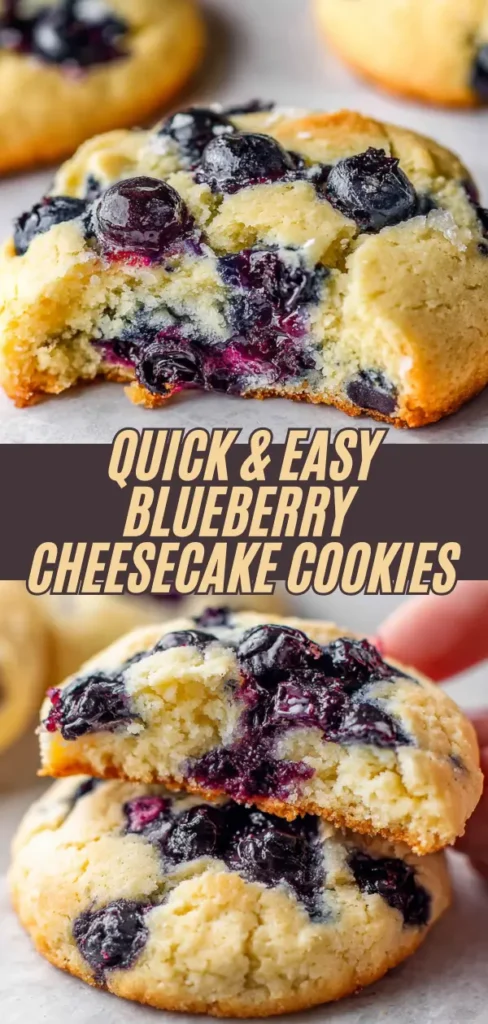 Close-up of a blueberry cheesecake cookie with a soft, crumbly texture and fresh blueberries inside.