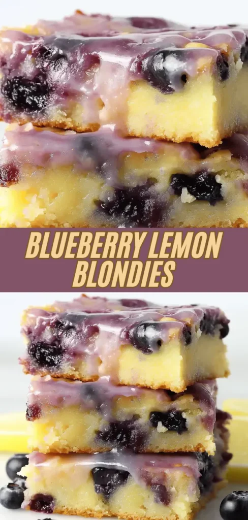 Blueberry lemon blondies stacked three high with fresh burst blueberries, golden buttery bars, and a shiny blueberry lemon glaze with lemon slices on the side