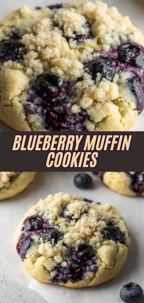 A close-up of a blueberry muffin cookie featuring a soft, crumbly texture with visible blueberries and a slightly golden top, garnished with extra blueberries around it.