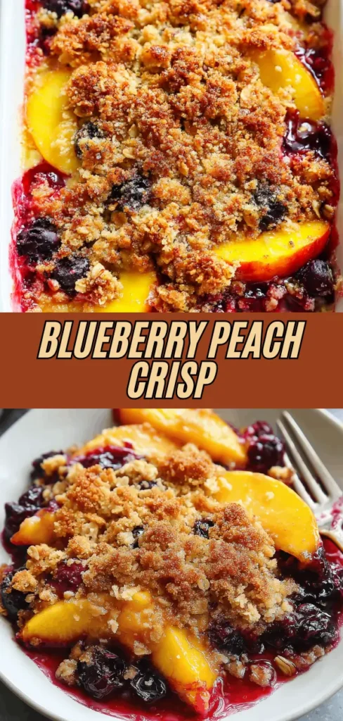 A baked blueberry peach crisp with a golden, crumbly streusel topping, featuring visible chunks of peaches and blueberries, with a vibrant berry filling and a crispy crust.