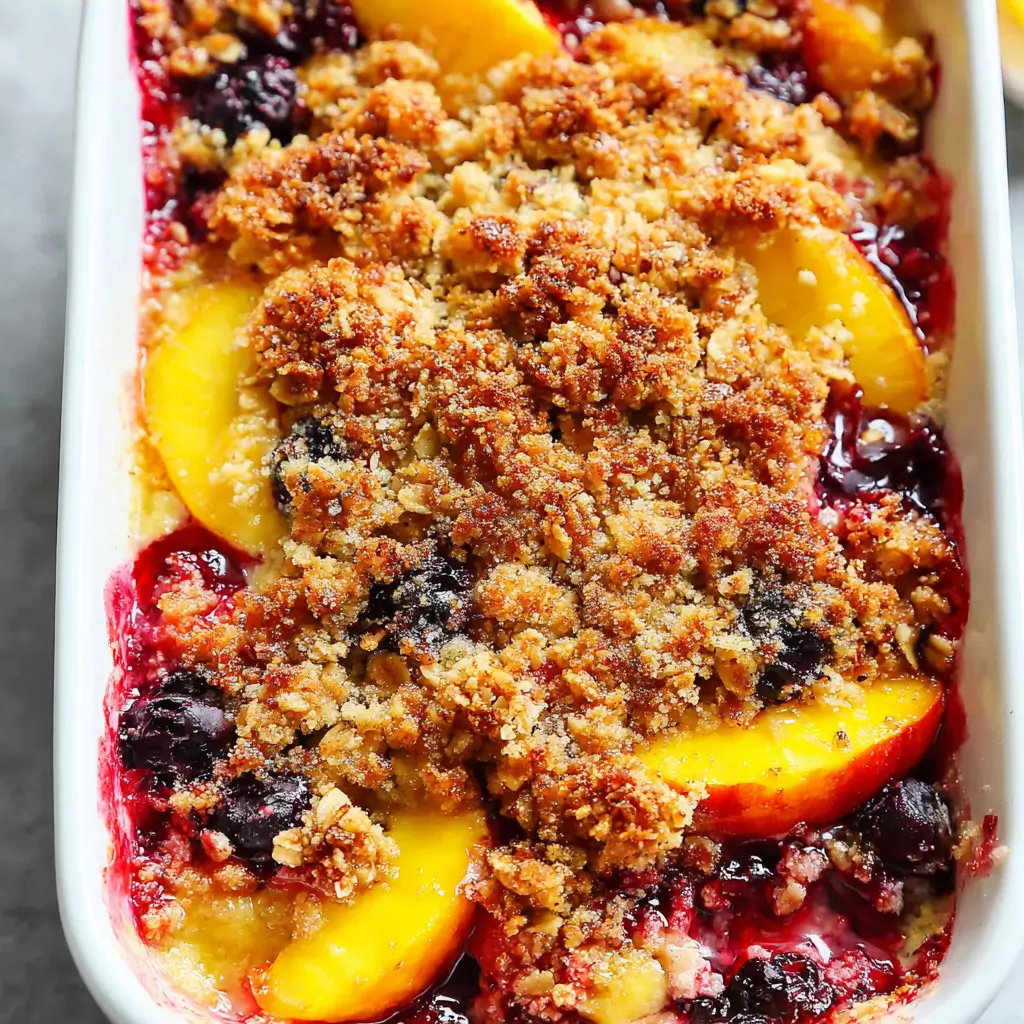 A close-up of a fruit crumble topped with a golden, crumbly streusel, featuring visible chunks of peaches and blueberries. The crumble has a crispy texture with a vibrant, juicy fruit filling underneath.