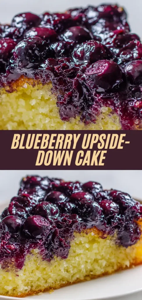 A close-up of a slice of blueberry upside-down cake, featuring a moist, golden-yellow cake base topped with a glossy, rich blueberry topping with whole blueberries.