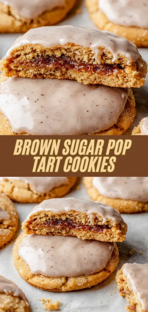 Close-up of a partially bitten brown sugar pop tart cookie with a gooey filling, topped with white icing, and surrounded by other cookies on a light background.