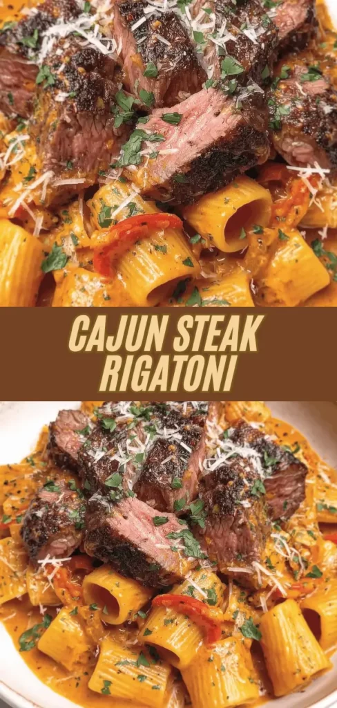 Juicy Cajun steak slices served atop a bed of rigatoni pasta coated in a flavorful sauce, garnished with chopped herbs and grated cheese.
