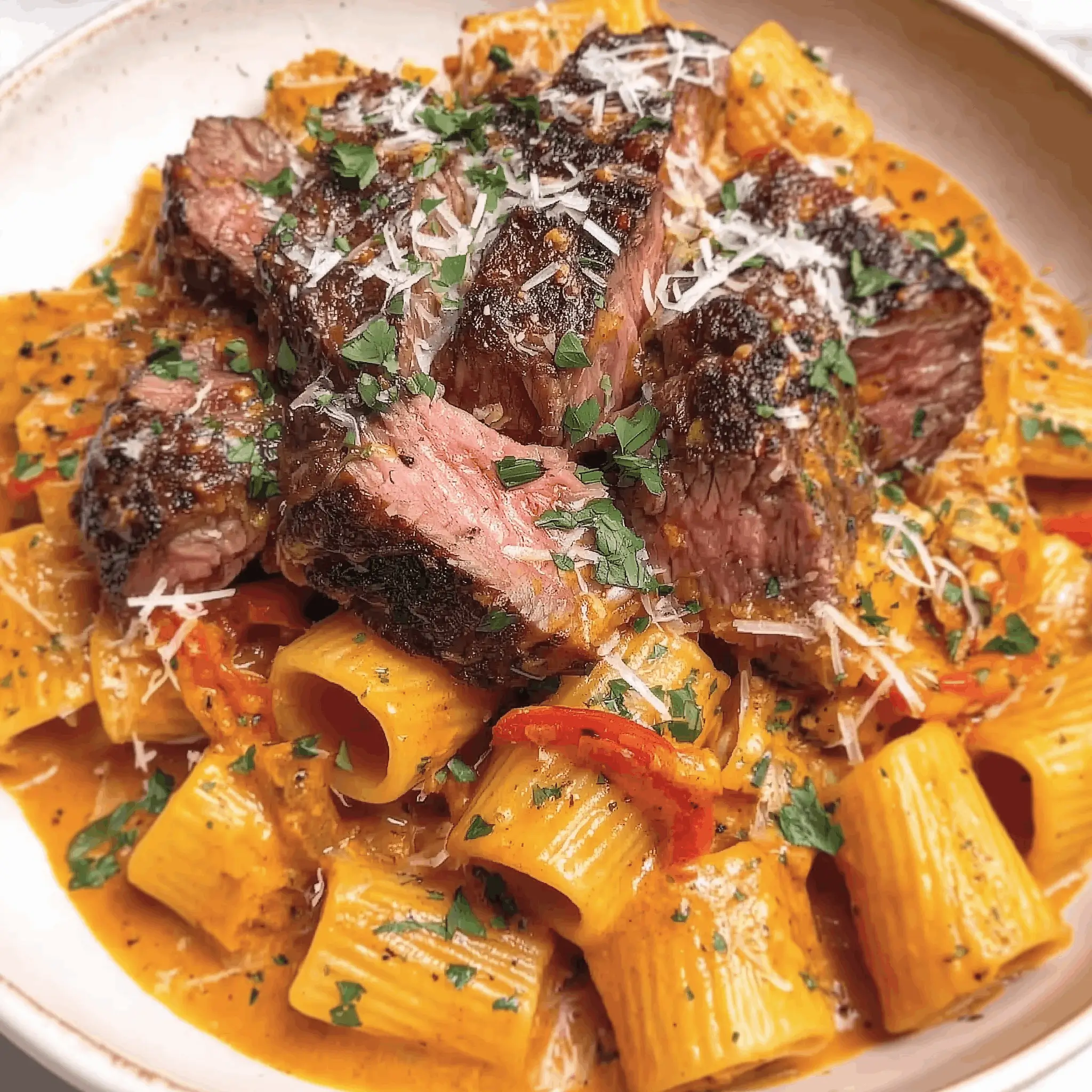 Pasta with tender beef chunks in a rich red sauce, garnished with chopped herbs and grated cheese.