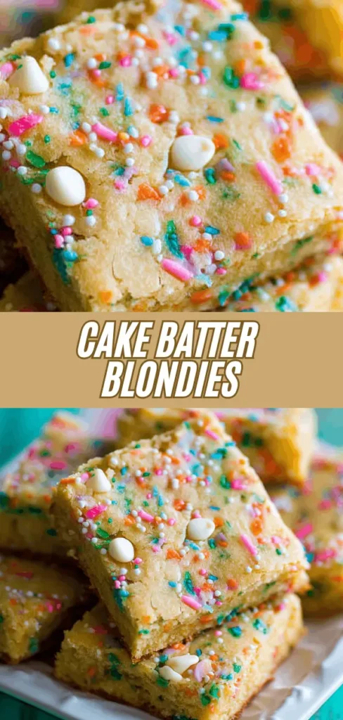 Close-up of colorful cake batter blondies topped with rainbow sprinkles and white candy pearls, stacked on a white surface.