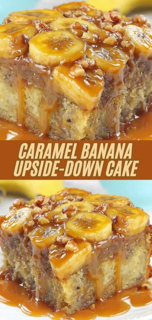 A close-up of a slice of upside-down caramel banana cake topped with sliced bananas, caramel sauce, and chopped nuts, with caramel dripping down the sides and pooling on the plate beneath.