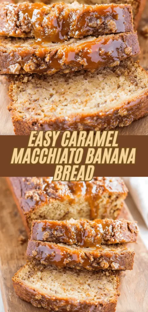 Slices of moist banana bread with caramel topping and drizzled caramel sauce.