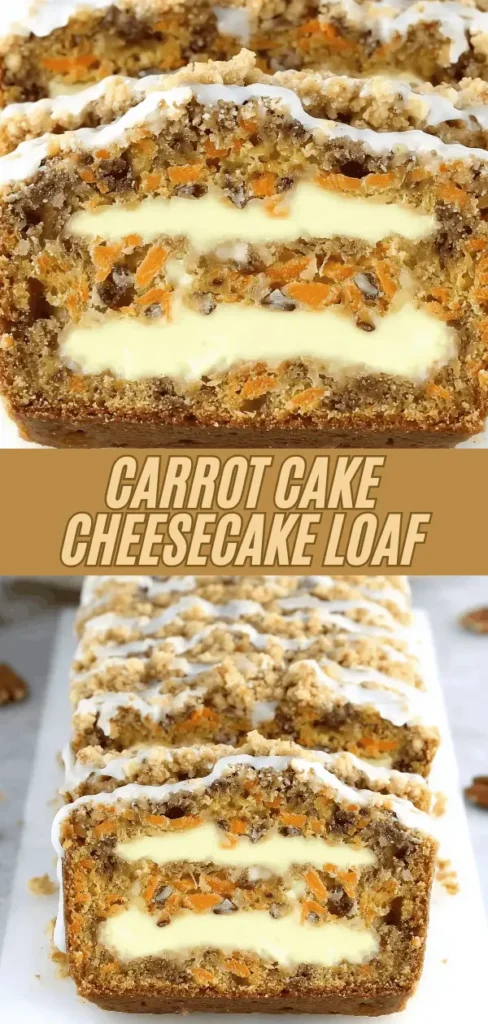A close-up of a sliced carrot cake cheesecake loaf showing layers of moist carrot cake with cream cheese filling, topped with a crumbly streusel and drizzled with icing.