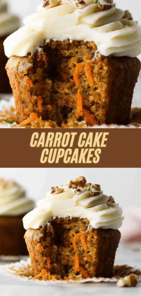 Close-up of a carrot cake cupcake with cream cheese frosting and chopped nuts on top, with a partially visible cupcake in the background.