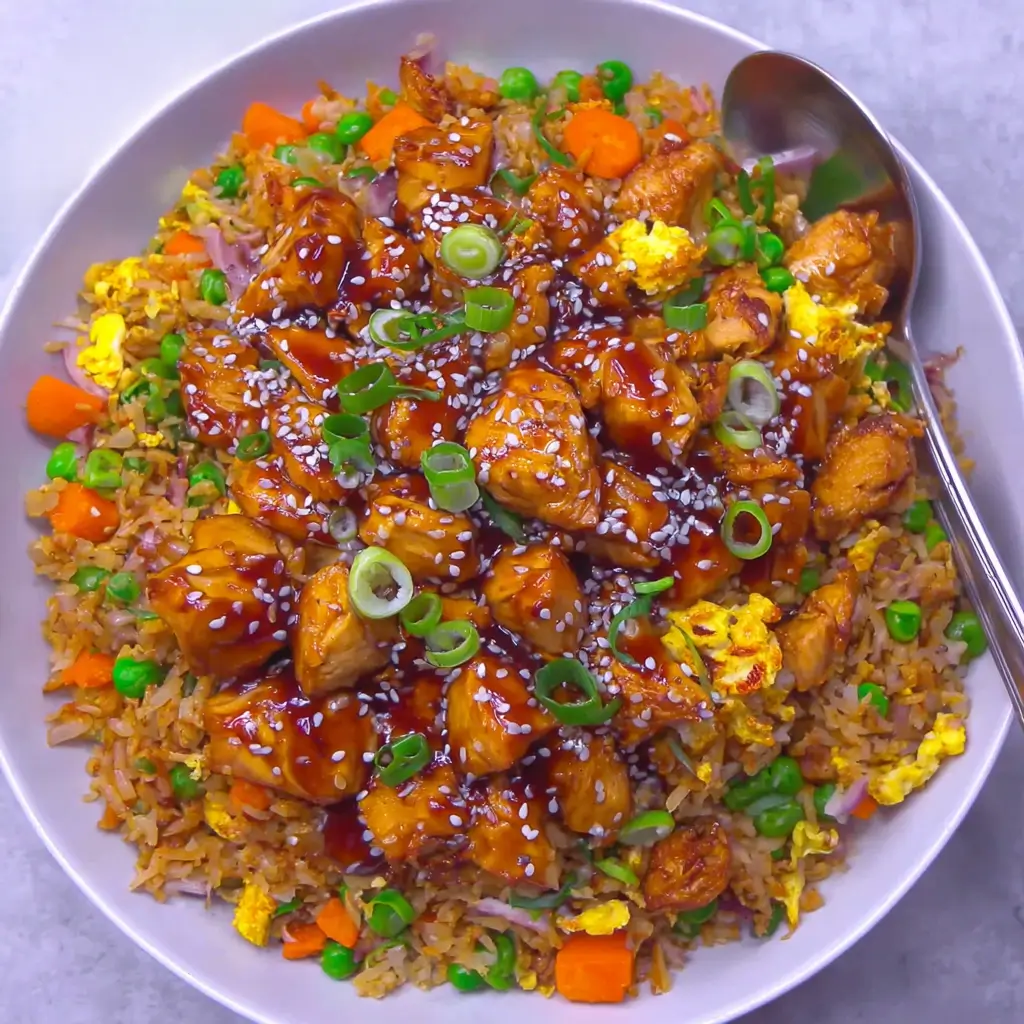 A bowl of fried rice topped with saucy chicken pieces and garnished with chopped green onions and sesame seeds.