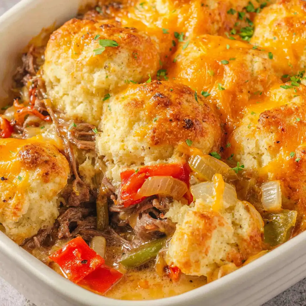 A close-up of a savory beef and vegetable casserole topped with fluffy, golden-brown biscuits and melted cheddar cheese, garnished with chopped parsley.
