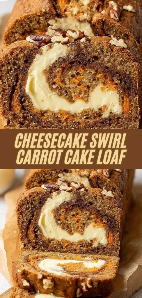 Sliced Cheesecake Swirl Carrot Cake Loaf with cream cheese filling and chopped nuts on top.