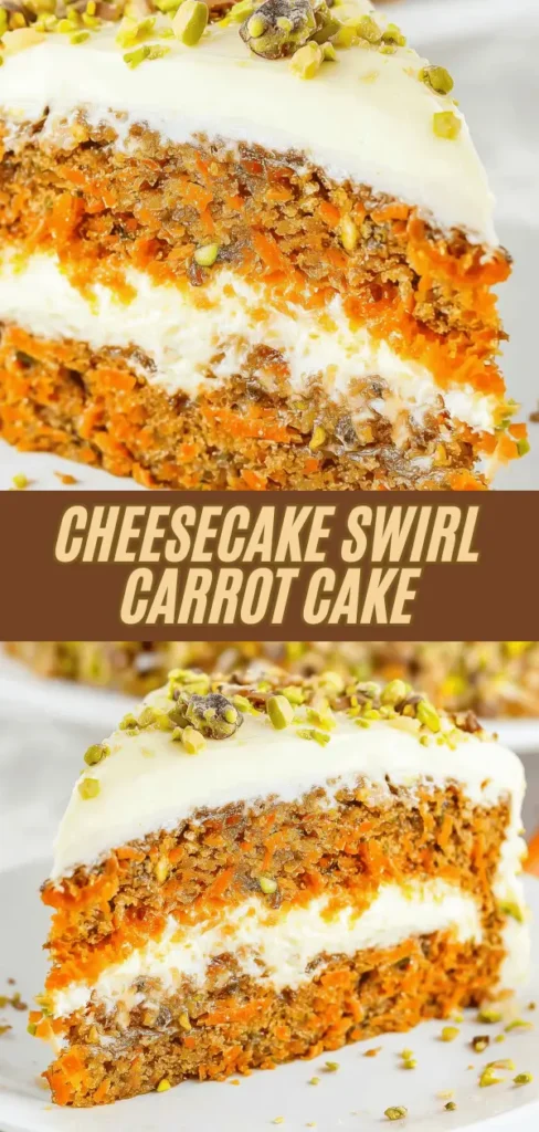 Slice of Cheesecake Swirl Carrot Cake topped with chopped pistachios.